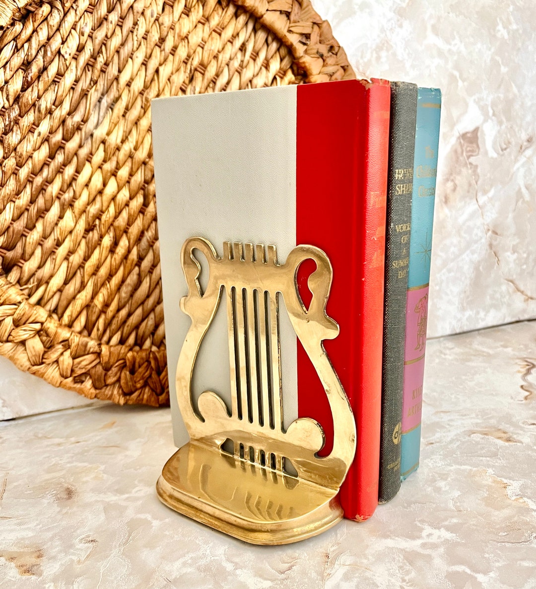 Brass Bookend, Harp, Lyre, Music Inspired, Cutout, Mid Century Vintage, Office, Library, Book