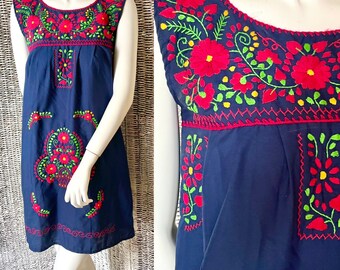 Mexican Embroidered Dress, Sleeveless, Dark Blue, Vibrant Stitching, Caftan,  Hippie Boho, Fits XS-S