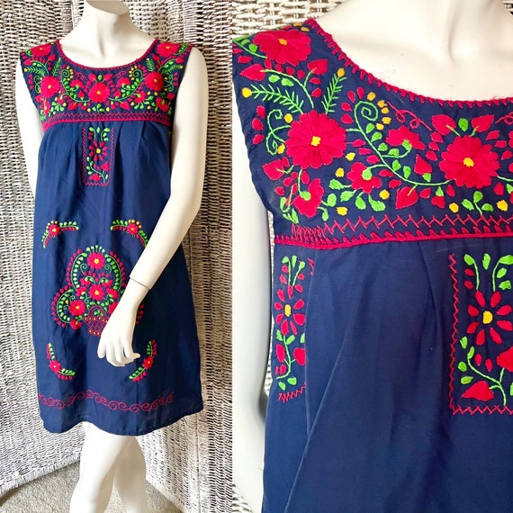 Mexican Embroidered Dress, Sleeveless, Dark Blue,… - image 1