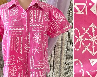 Vintage Button Down Top, Tiki Artsy Print, Blouse, Camp Shirt, Bright Pink and White