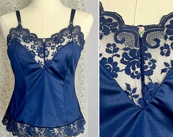 Vintage Cami Camisole, Lacy, Navy Blue, Cut Out Lace, Sweetheart, Nylon, JC Penney