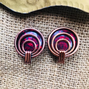 Vintage Copper Earrings, Matisse, Spiral Abstract, Disc, Enamel, Statement, 70s