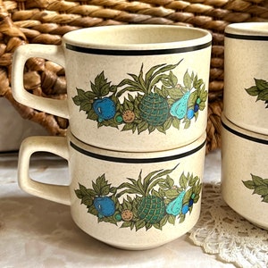 Vintage Stacking Mugs, Coffee Cups, Harvest Fruits, Pineapples, Teal Blue, Set 4, Mid Century 60s 70s image 2