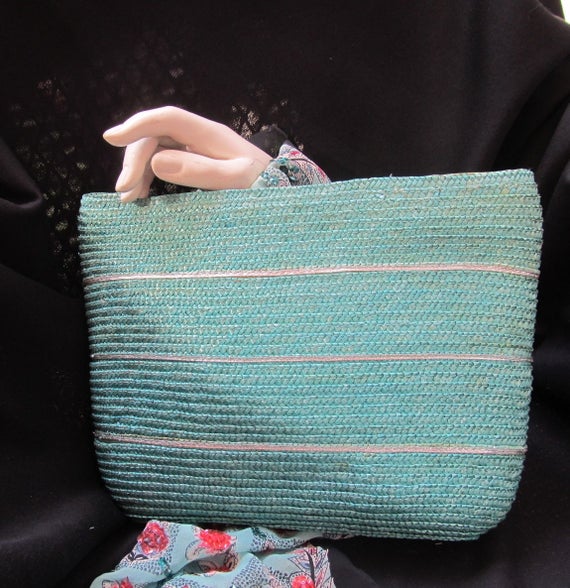 Large Woven Raffia Clutch Purse, Mint Green, Silve