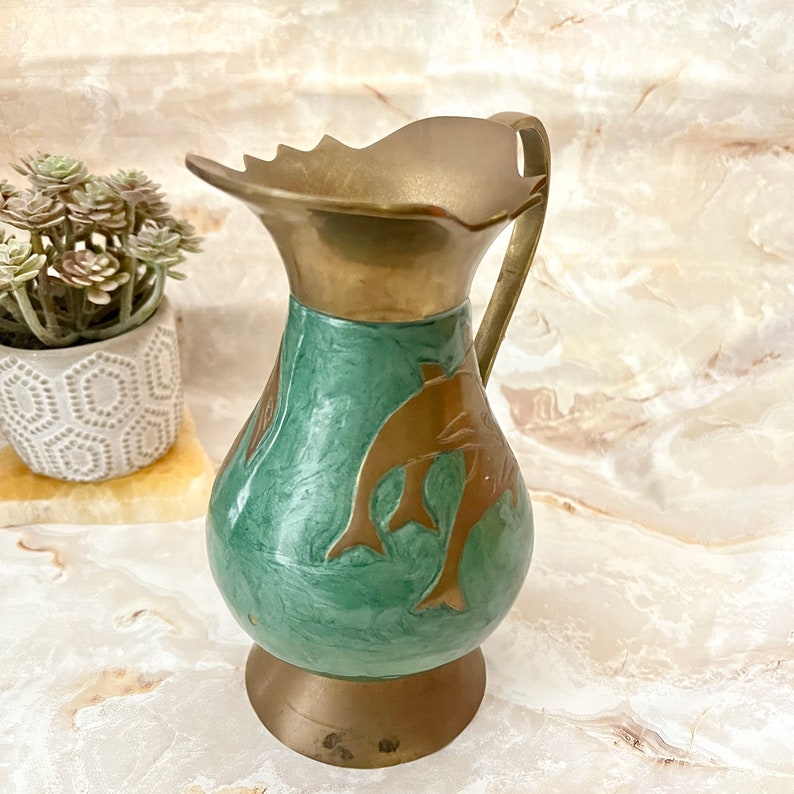 Enamel Brass Pitcher, Dolphins, Vase, Ewer, Artistic, Vintage Home Decor image 4