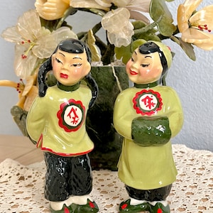 Sweet Asian Children, Ceramic Porcelain Pair, Glossy Finish, Set 2 Figurines, Sculptural Mid Century Collectible