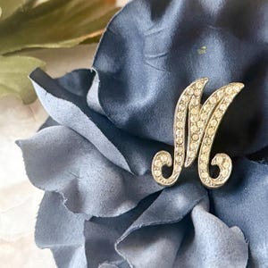 Vintage Initial Brooch: Cursive Letter M, Bling Rhinestones, Gold Tone Pin