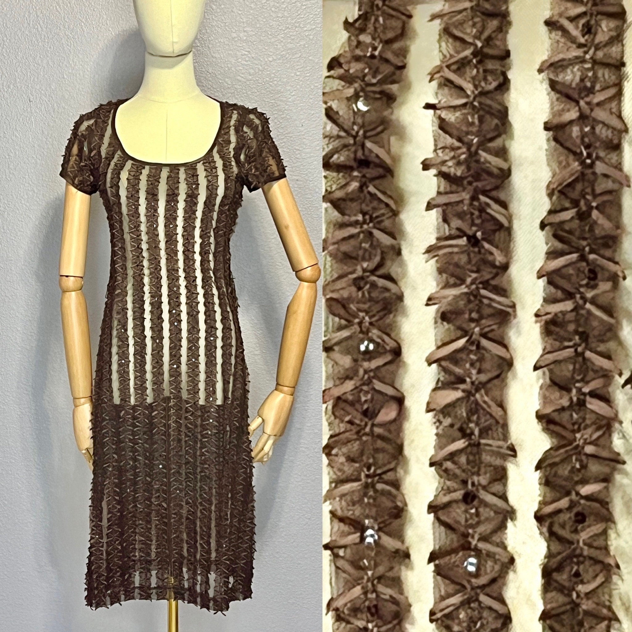 Sheer Mesh Dress, Ribbon Rhinestones, Betsey Johnson NY Sheer Mesh Dress, Ribbon Rhinestones, Betsey Johnson NY