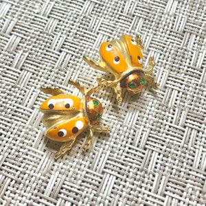 Scatter Pins Lady Bugs, Insects, Enamel Brooches, Set 2, Green Stones, Vintage image 2