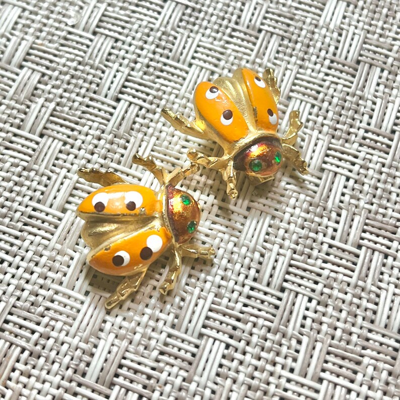 Scatter Pins Lady Bugs, Insects, Enamel Brooches, Set 2, Green Stones, Vintage image 2