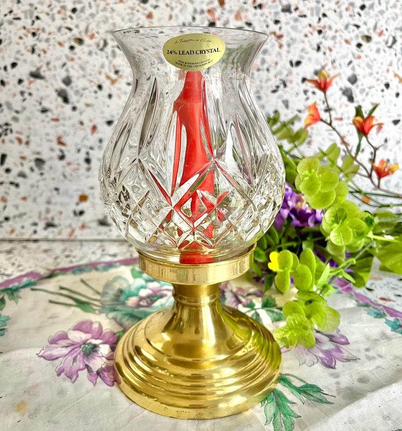 Vintage Brass Candle Holder, Engraved Crystal, Home Decor, Mid Century image 1