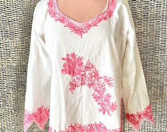 Cotton Embroidered Top, Hippie Style Bell Sleeves, Pink and White, Zig Zag Hem, Boho Vintage