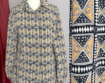 Vintage 70s Top, Geometric Blouse, Button Down, Bold Print, Plus Size
