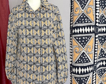 ヴィンテージ70年代トップス、幾何学模様ブラウス、ボタンダウン、大胆なプリント、プラスサイズ