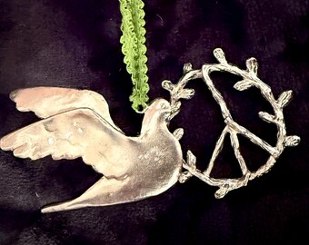 Metal Ornament, Peace Sign, Dove, Olive Branch, Year Round Decor, Christmas Tree