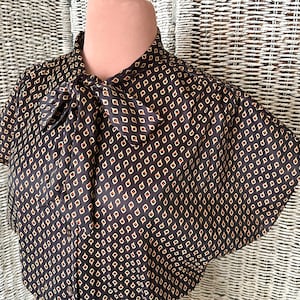 Vintage Bow Front Blouse, High Neck, JCP Geometric, Silky Polyester Top, Size L