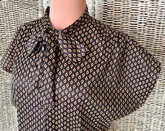 Vintage Bow Front Blouse, High Neck, JCP Geometric, Silky Polyester Top, Size L