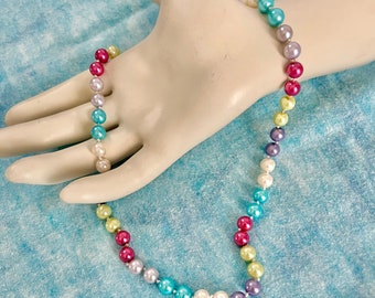 Multi Pearl Necklace, Rainbow Faux Pearls, Vintage Choker, Beads