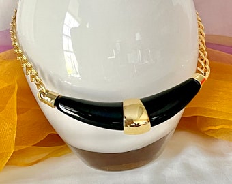 Vintage Modernist Necklace, Black Lucite, Gold Tone, Statement Jewelry, Minimalist, Geometric, Vintage 80s 90s