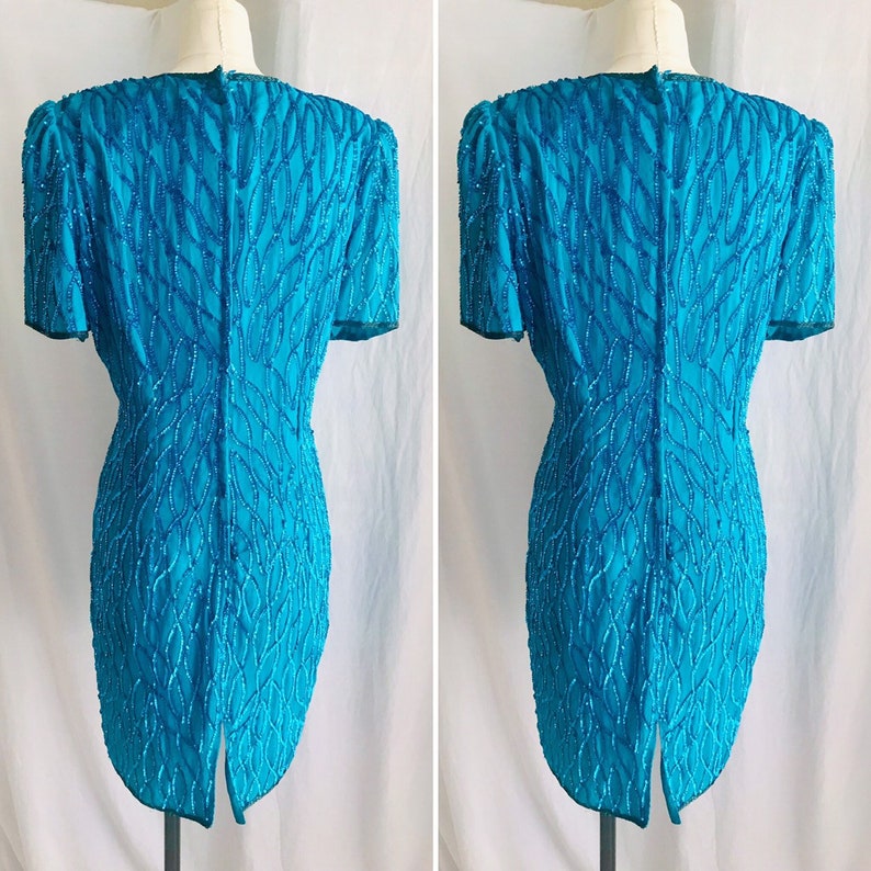Wiggle Cocktail Vintage 80s 90s Teal Blue Beaded Dress Sequins