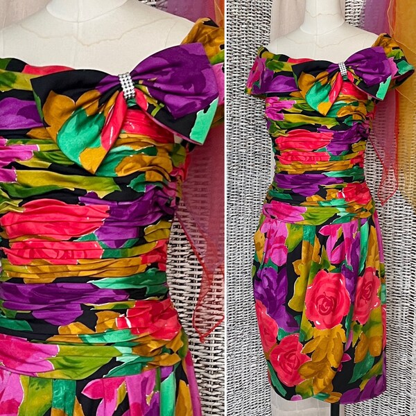 Fabulous Party Dress, Ruched, Off Shoulder, Bold Floral, Cocktail, Big Bow, Rhinestones, Vintage 80s Prom