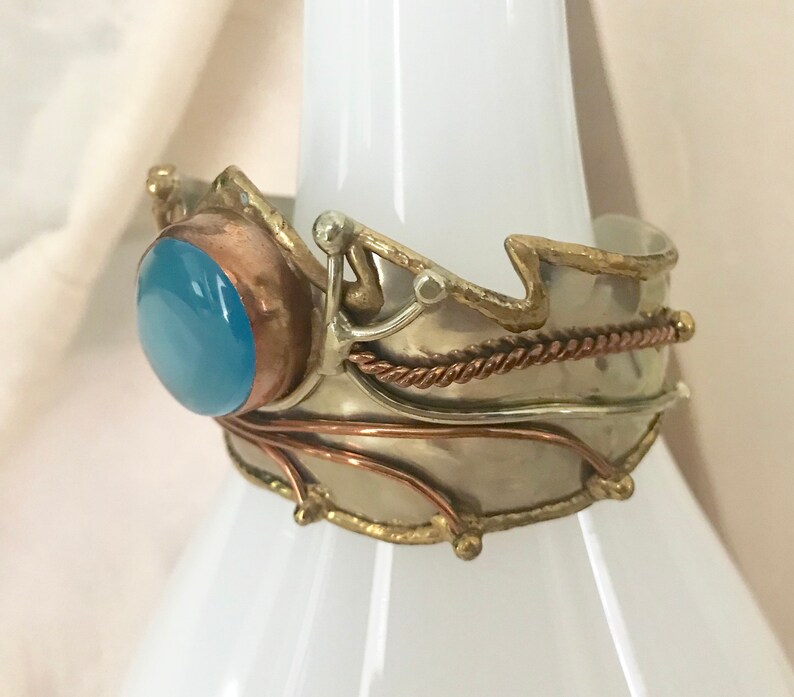 Vintage Copper Natural Stone Cabochon Brutalist Abstract Cuff Bracelet Adjustable Fit Brass