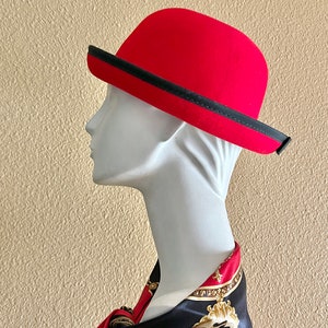 Red Wool Hat, Black Trim, Back Bow, Derby Style, Bowler, Vintage 80s 90s image 1