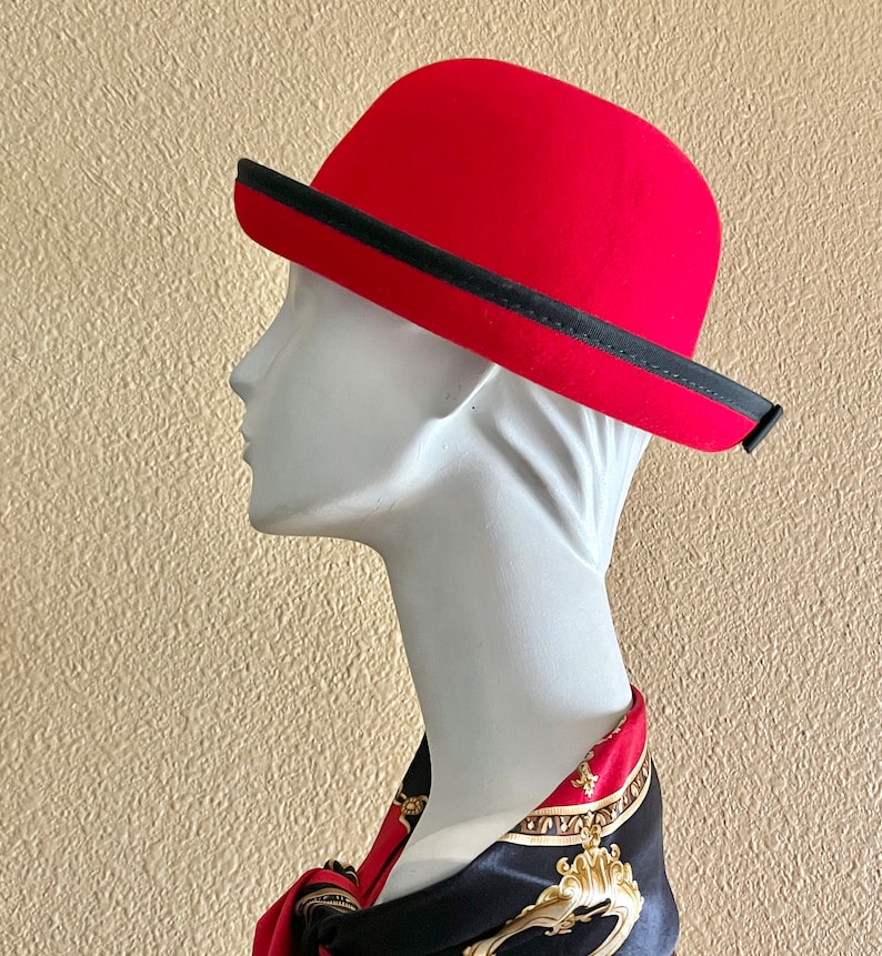 Red Wool Hat, Black Trim, Back Bow, Derby Style, Bowler, Vintage 80s 90s image 1