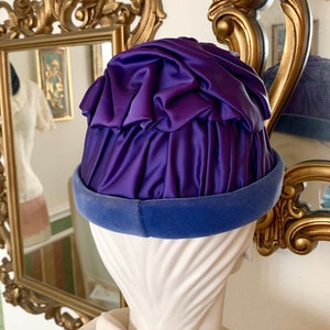 Statement Hat, Ruched Satin, Velvet Trim, High Crown, Violet, Navy, Vintage 60s image 5