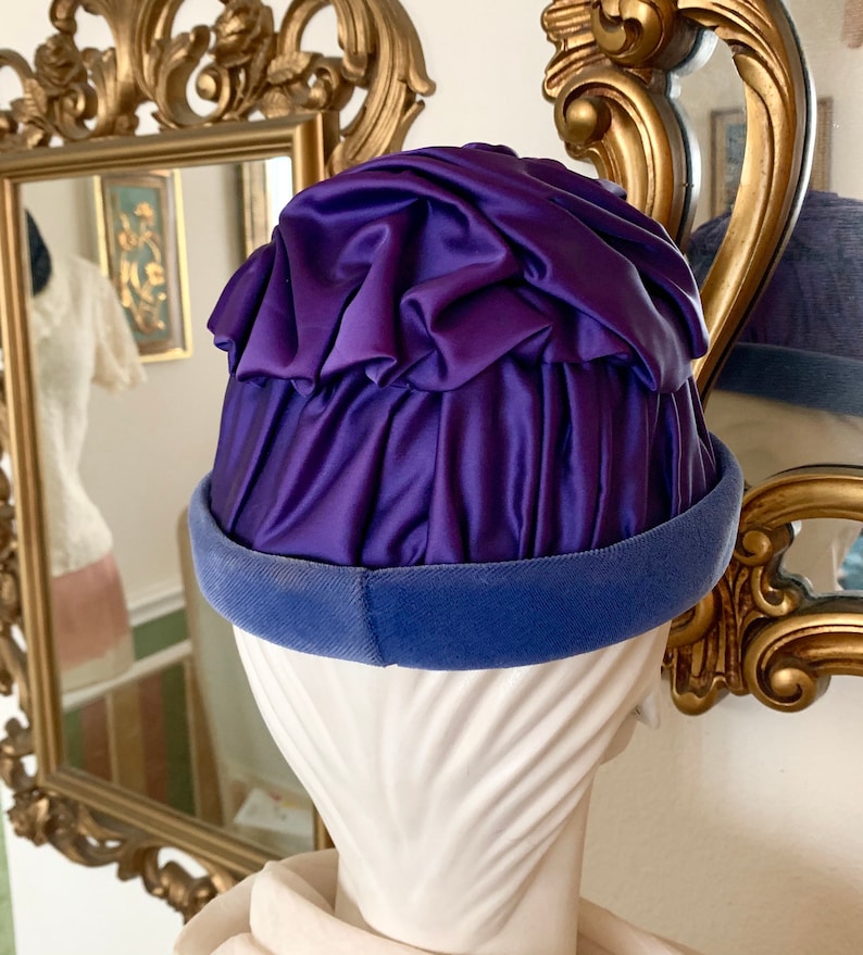 Statement Hat, Ruched Satin, Velvet Trim, High Crown, Violet, Navy, Vintage 60s image 5