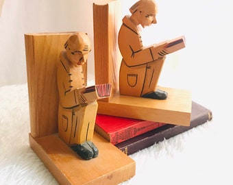 Carved Wood Book Ends, Pair, Reading Nook, Book Lover, Mid Century, Set of 2, Vintage
