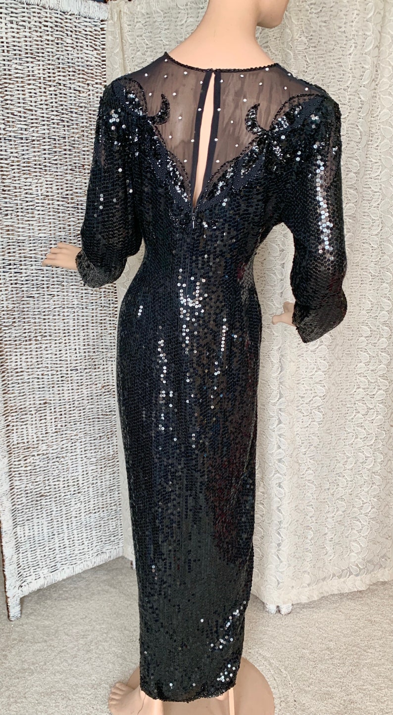 Glitzy Sequin Beaded Dress, Sheer Illusion, Evening Cocktail Maxi Cut Out Back 80s 90s image 7