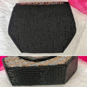 Glitzy Beaded Clutch, Geometric Shape, Black Pewter Bronze, Seed Beads, Cocktail Purse, Optional Strap, Vintage 80s 90s image 4