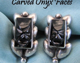 Vintage Earrings, Sterling Silver, Carved Onyx, Drop Dangle, Screw Back, Mexico, Artisan Signed