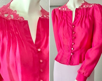 Hot Pink Blouse, Vintage Top, Cut Out Lace, 70s 80s, Secretary Blouse, Tapered Fit, Button Down