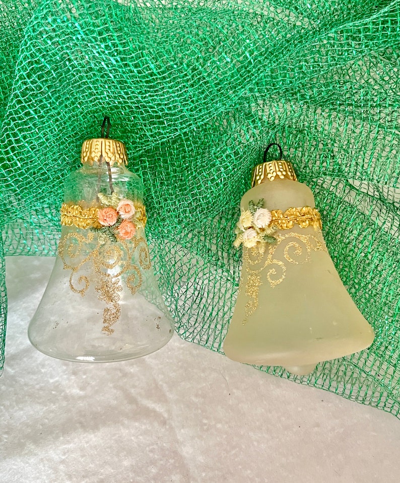 Vintage Glass Bell Ornaments, Lot 2, Holiday Decor, Christmas, Ornate Embellished image 1