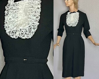 RESERVED Don’t Buy - Vintage Sheath Dress, Lace Jabot, Three Quarter Sleeves, Classic Pin-Up Bombshell Rockabilly 60s LBD