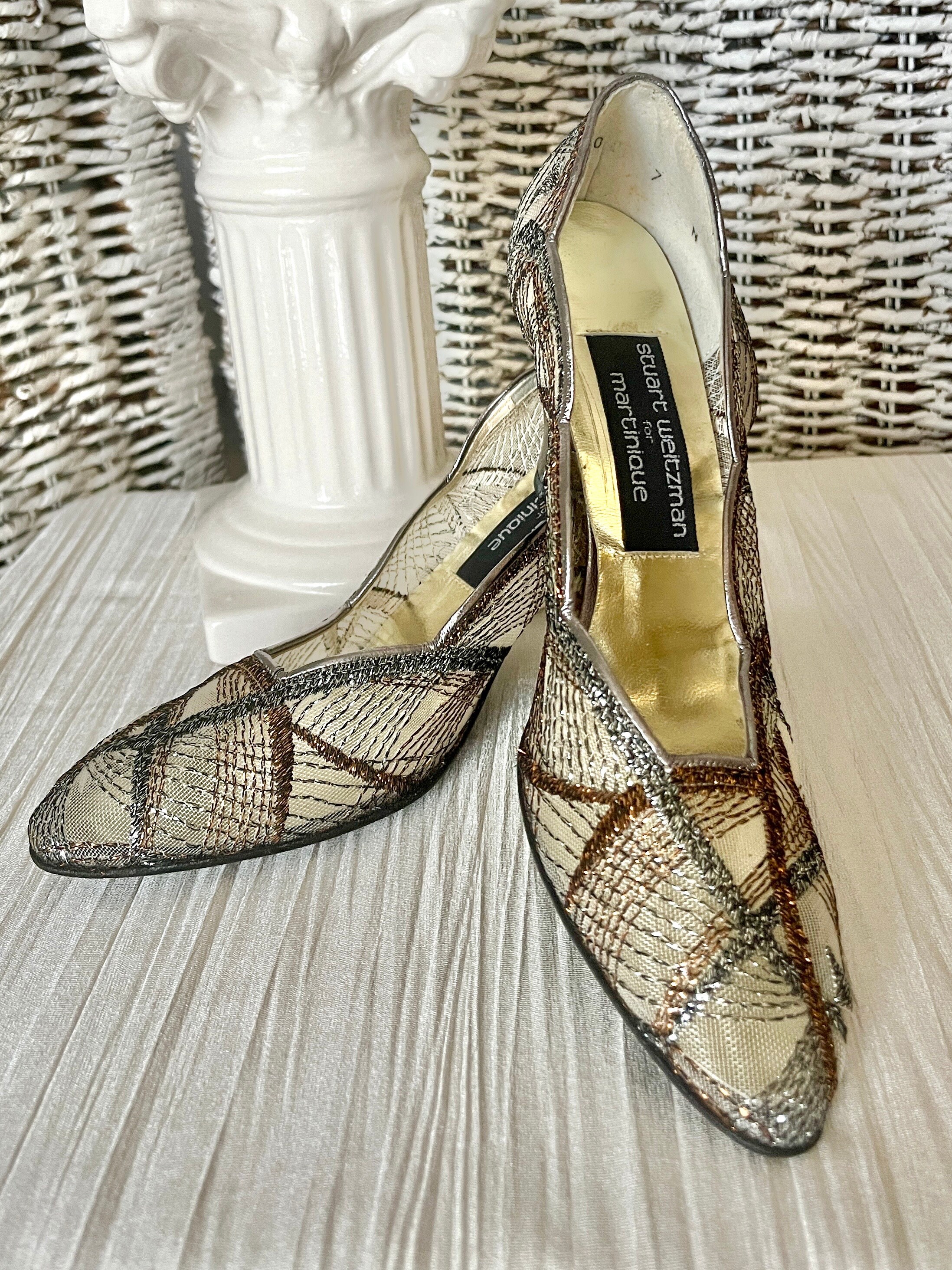 Stuart Weitzman Metallic Bronze Lace-Up Women’s Dress Shoes Vintage Stuart Weitzman Metallic Mesh Heels, Silver Bronze  main image 4