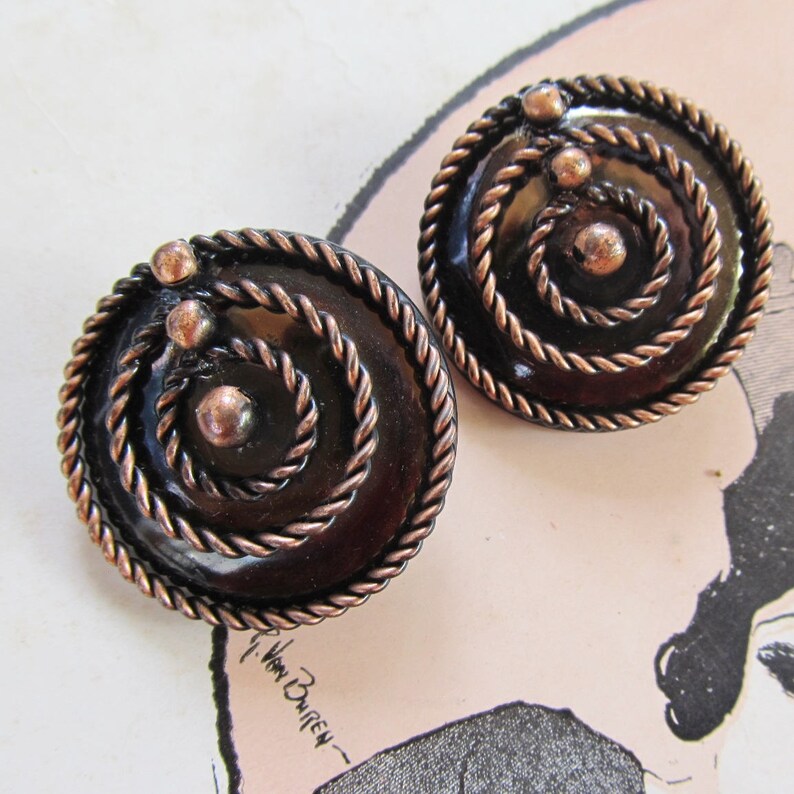 Vintage Copper Earrings, Spiral Abstract, Disc, Braid Trim, Statement, 60s 70s image 3