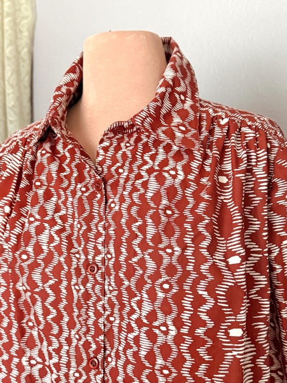 Button Down Blouse, Artsy Tribal Pattern, Cotton … - image 5