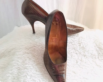 Vintage 50s Heels Stilettos, Pumps, Reptile, Leather, Pointed Toe, Shoes, Sakowitz, Rockabilly Pin Up