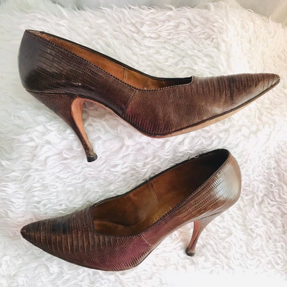 Vintage 50s Heels Stilettos, Pumps, Reptile, Leat… - image 2