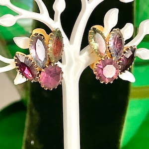 Mid-Century Earrings, Purple Teal AB, Faceted Iridescent Bling, Pin Up, Rockabilly, Clip On, Vintage 50s 60s