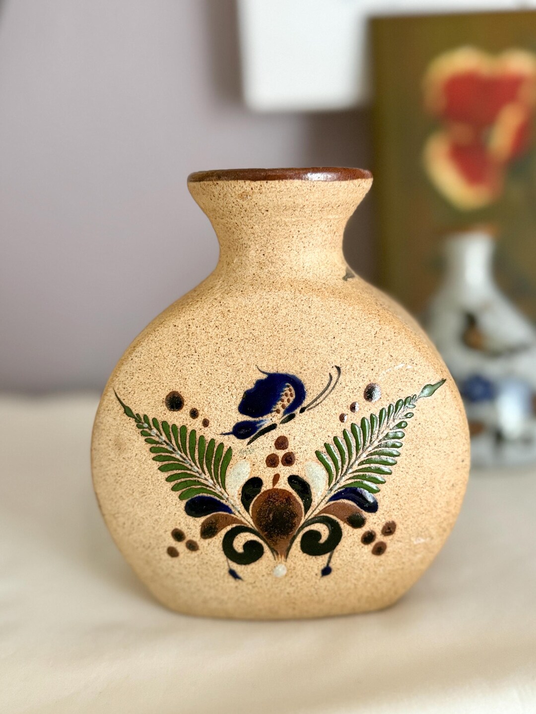 メキシコ陶器の花瓶、鳩、蝶、手描き、メキシコ、サイン入り