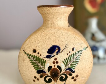メキシコ陶器の花瓶、鳩、蝶、手描き、メキシコ、サイン入り