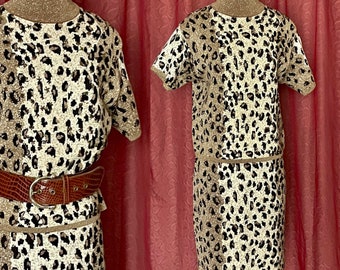 Sweater Dress, 2-pc, Animal Print, Gold Metallic, Beaded, Leopard Print, Top and Skirt, Vintage 90s