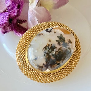 Statement Brooch, Natural Stone, Oval Pin, Gold Tone Mesh Setting, Vintage 60s 70s
