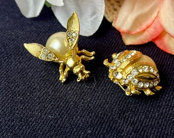 Vintage Insect Brooches, Beetle Bug Pins, Set 2, Sculptural, Faux Pearl Cabochon, Rhinestones