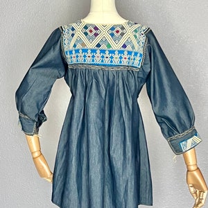Bright Embroidery Top, Guatemala, Hippie Boho, Denim Cotton Huipil Vintage Blouse Tunic image 2