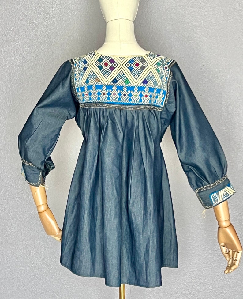 Bright Embroidery Top, Guatemala, Hippie Boho, Denim Cotton Huipil Vintage Blouse Tunic image 2